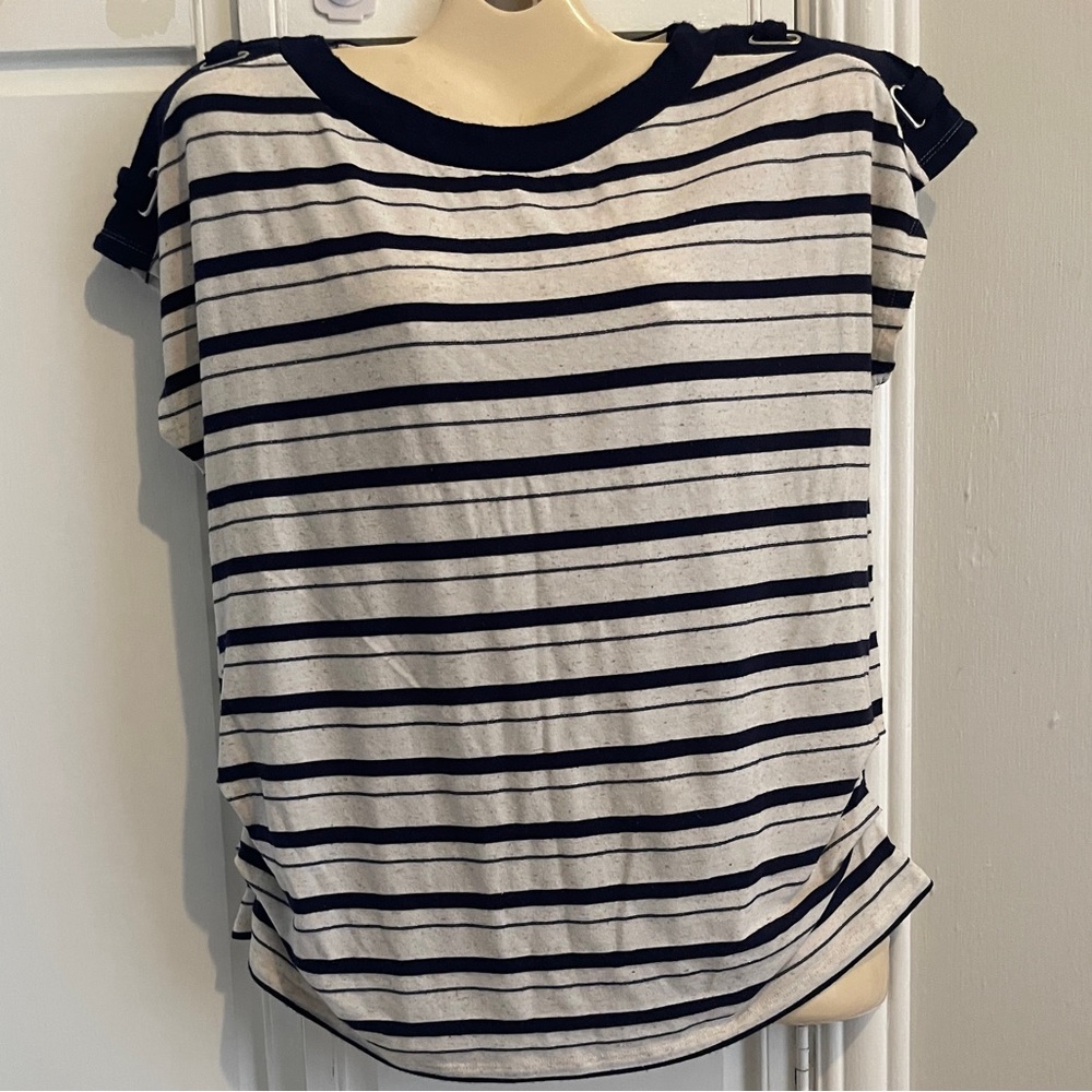 Ladies Large Fitted Nautical Crew Neck Top, Gathered Sides, Flattering Style